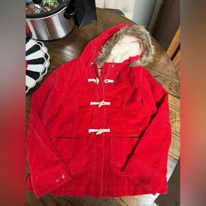 Mini Boden girls Red Corduroy Toggle Coat with Faux Fur Hood size 13-14Y
